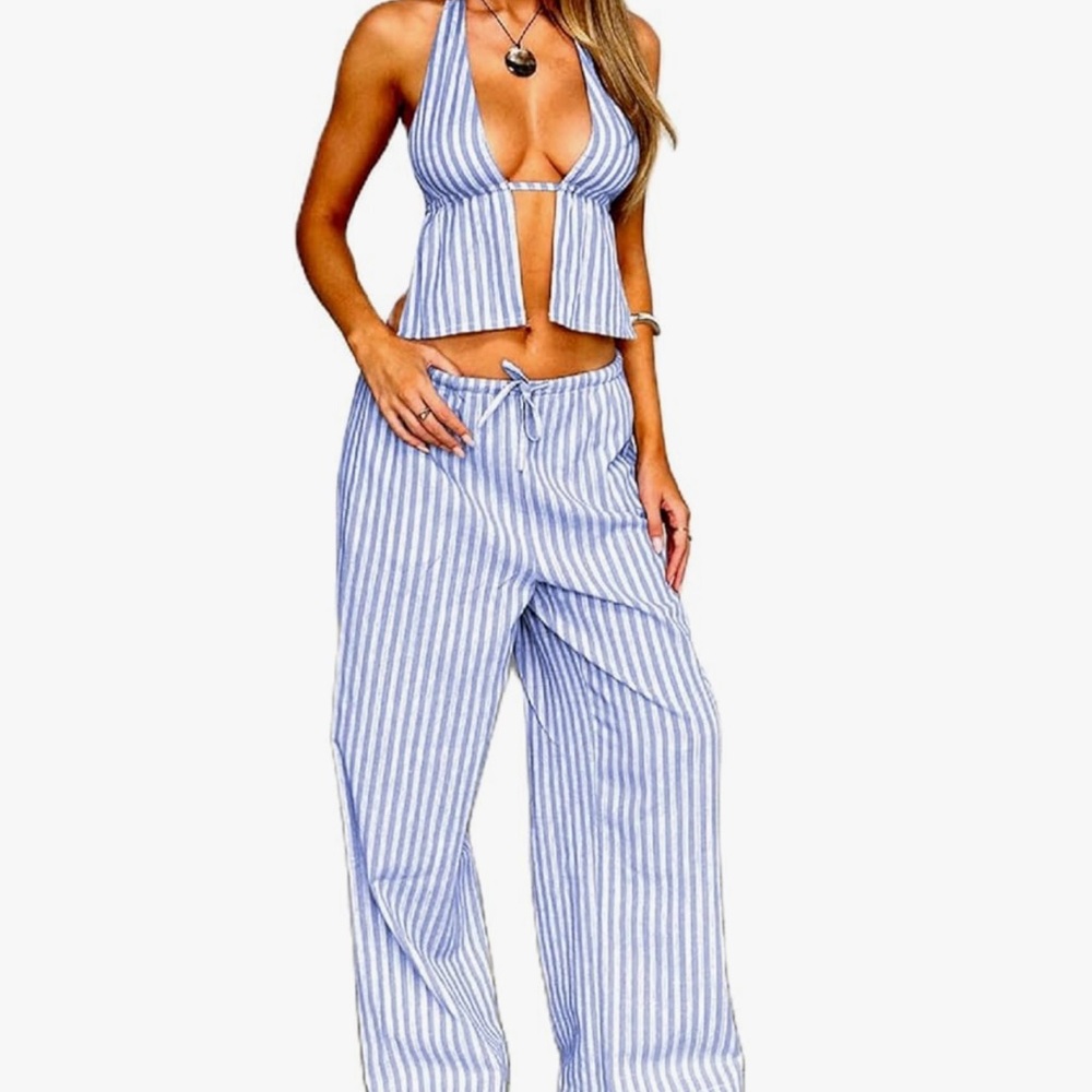 Amazon Blue and White Striped Wide Leg Jumpsuit
